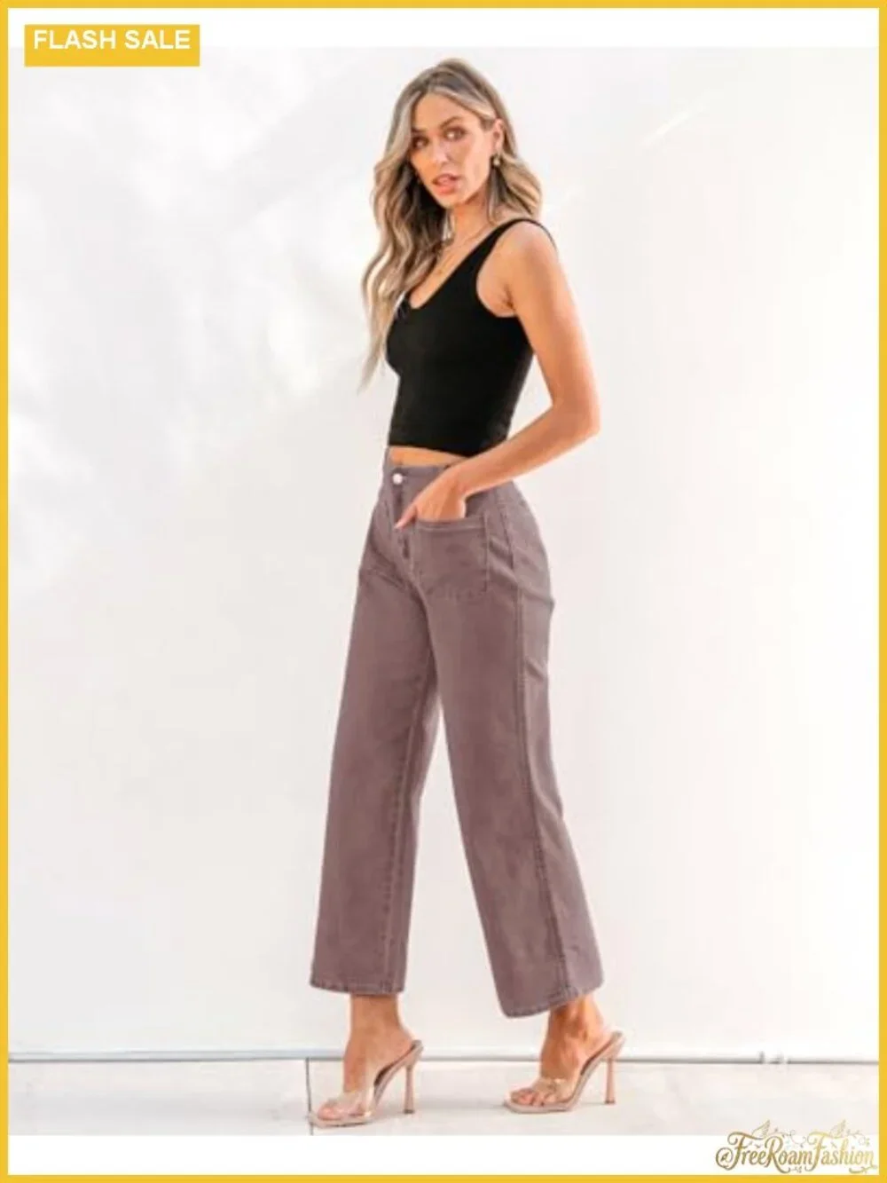 Wide Leg High Waisted Stretch Cropped Denim Jeans Women Pockets